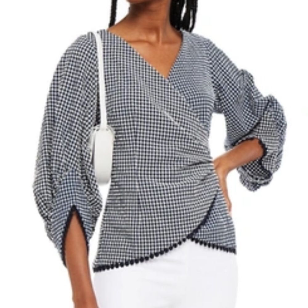 Sachin + Babi BLAKE WRAP-EFFECT GINGHAM SEERSUCKER BLOUSE IN BLUE